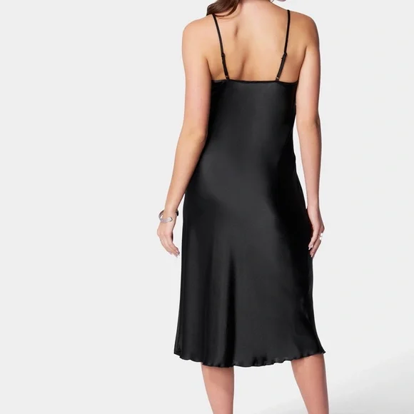 Bebe Satin Cowl Neck Slip Black and White Floral Midi Dress - Picture 8 of 12